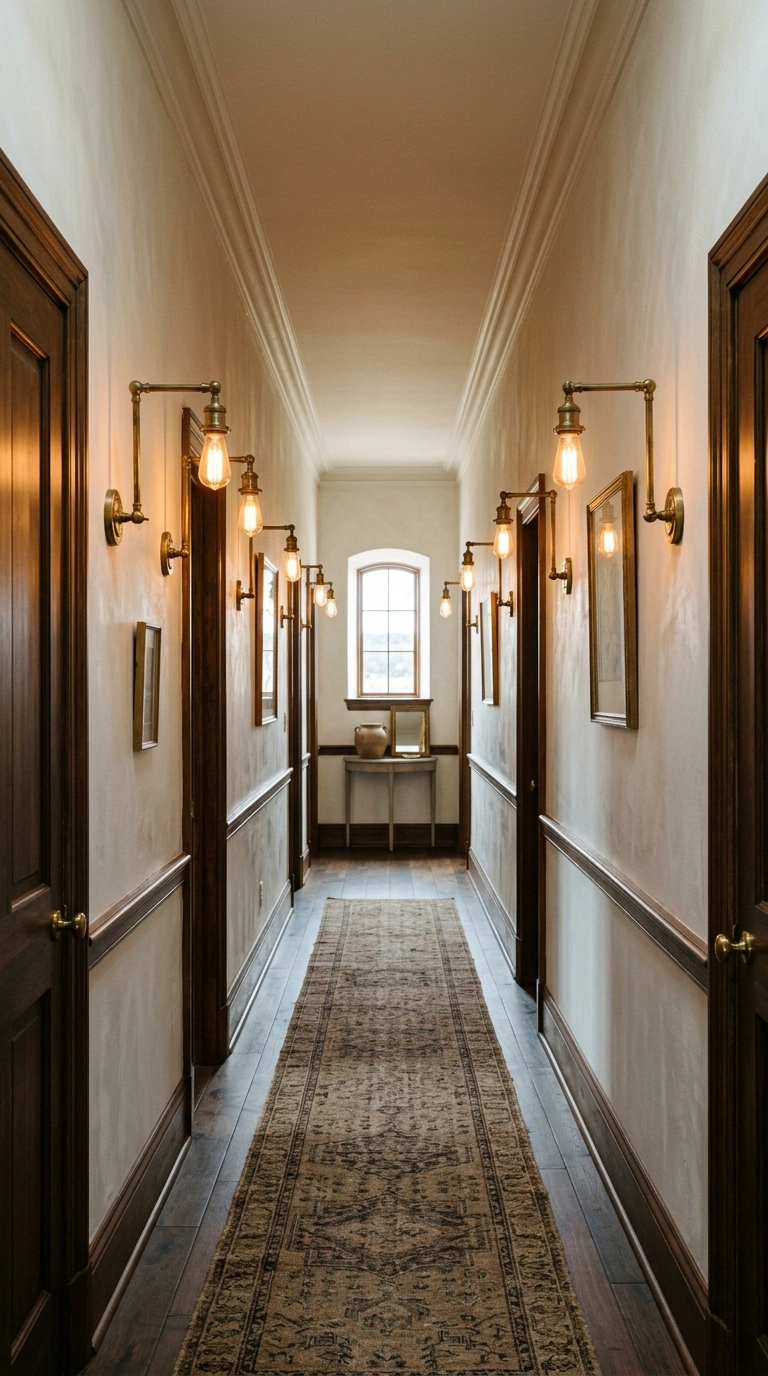 006 Wall Mounted Sconces A long hallway with brass wal
