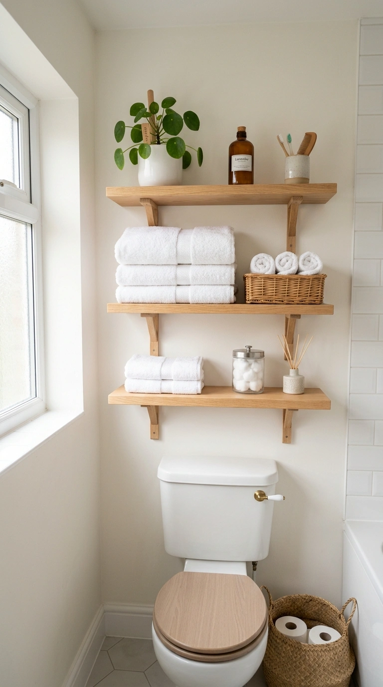 006 Wall Mounted Storage A small bathroom with light w