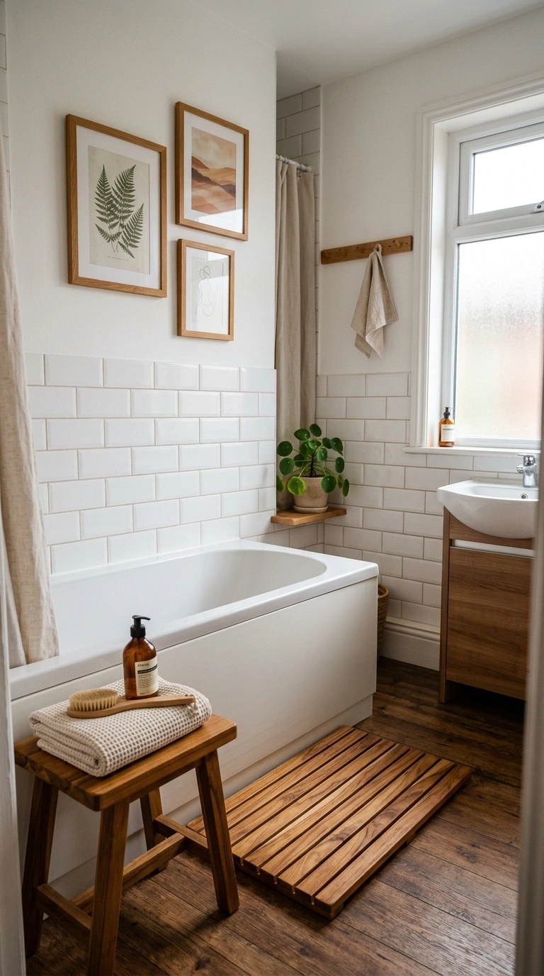 006 Warm Wood Accents A small bathroom with a teak bat