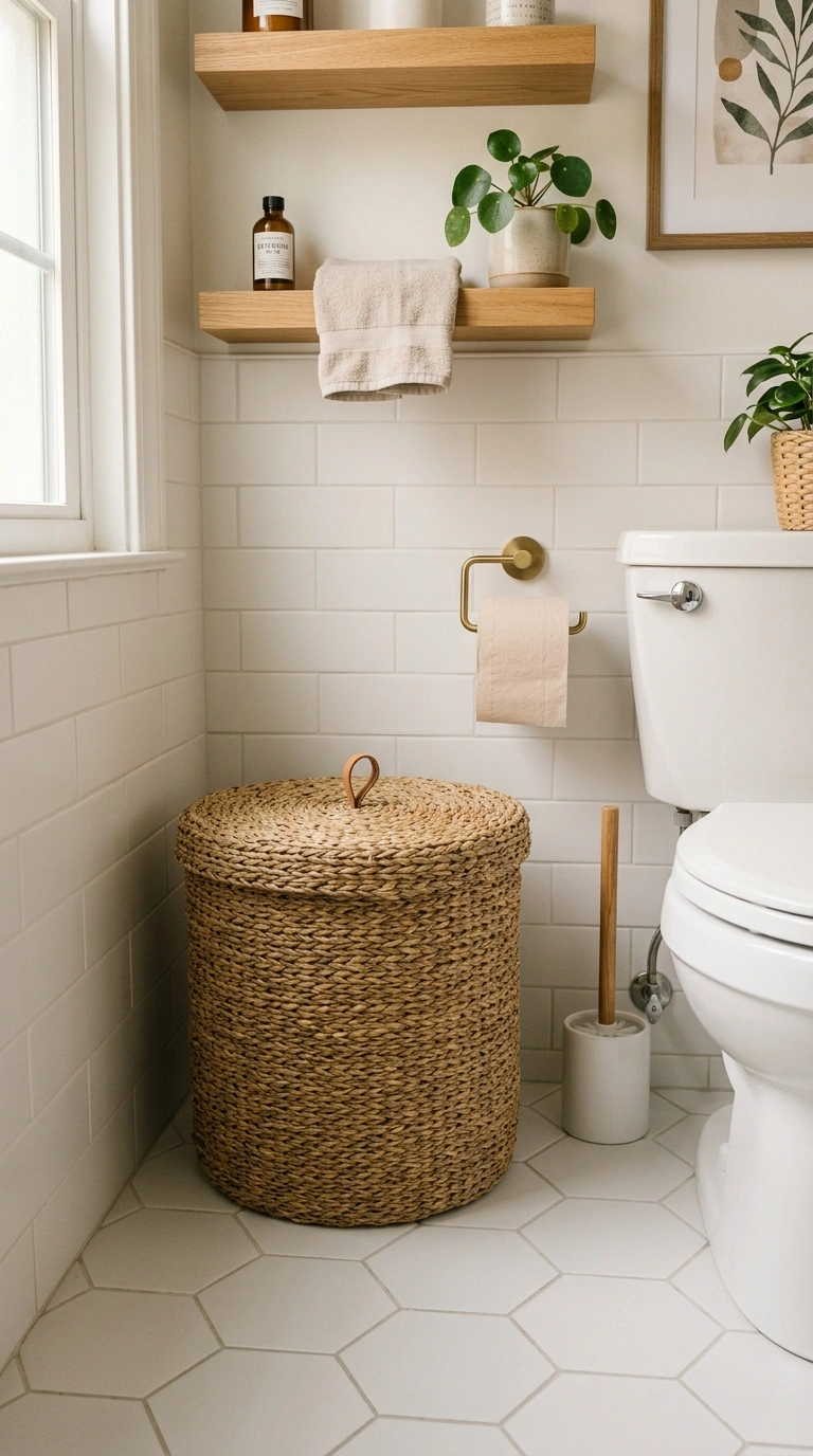 006 Woven Storage Baskets A bathroom floor beside the
