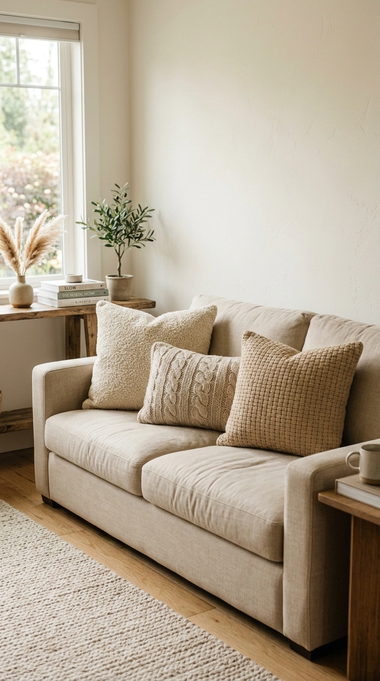 006 Woven Throw Pillows A beige sofa styled with three