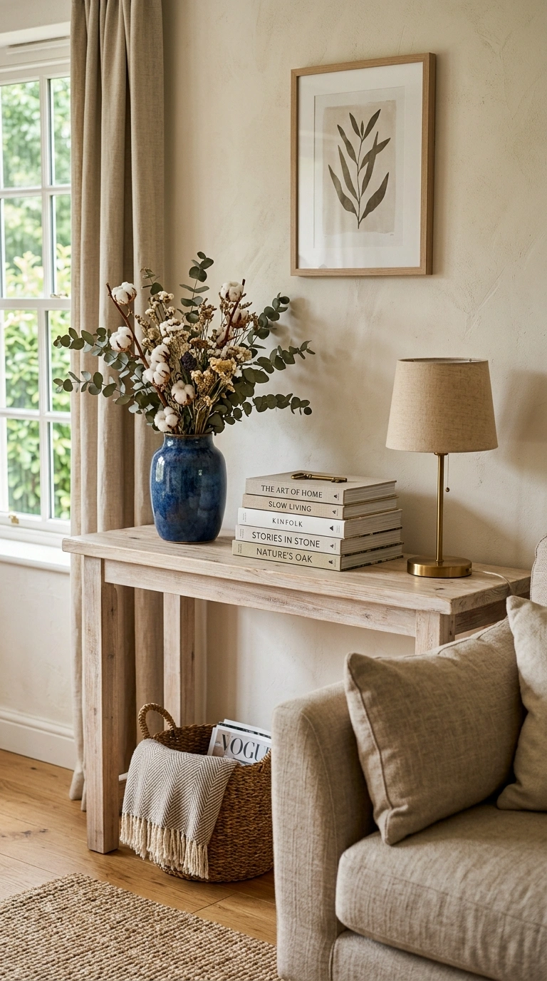 23 Blue and Beige Living Room Ideas That Make This Classic Pairing Work 8 007 7 Beige Console with Blue Vase A whitewashed wood