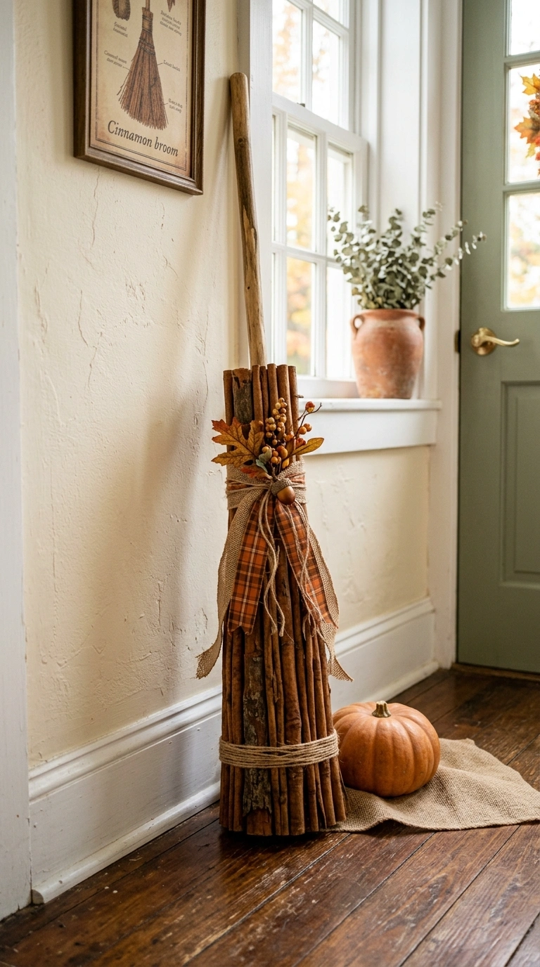15+ Charming Fall Decor Ideas to Make Your Home Feel Cozy 8 007 7 Cinnamon Broom Bundle An entryway corner with a