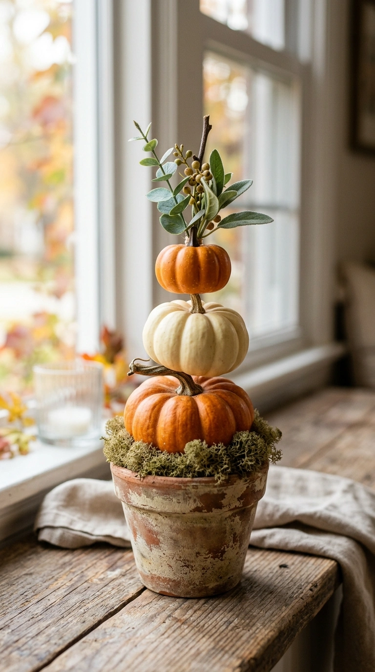 25 Dollar Tree Fall Decor Ideas That Look Expensive 8 007 7 Mini Pumpkin Topiary A small pot styled with thr