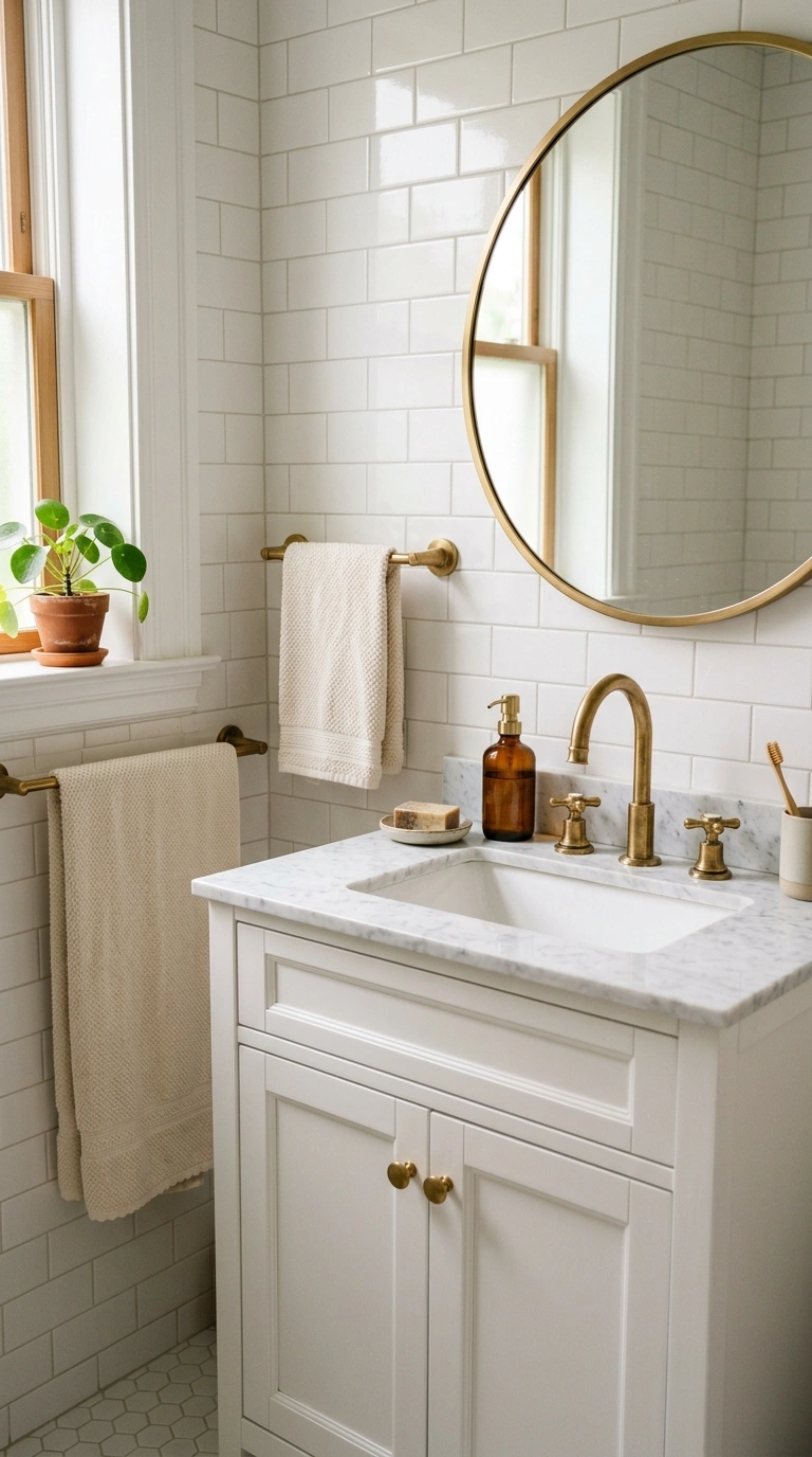 007 7 Warm Brass Fixtures A small bathroom with a warm