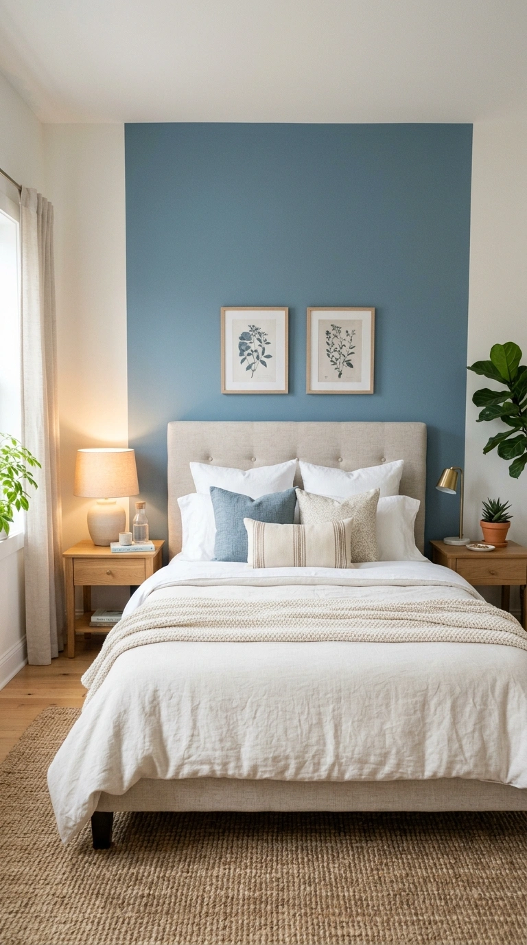 007 Blue Accent Wall A bedroom featuring a soft dusty