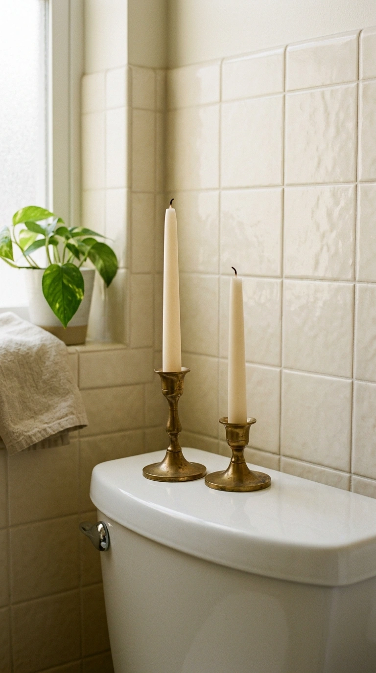 21 Toilet Tank Decor Ideas for a Prettier Bathroom 8 007 Brass Candle Duo Two small brass candle holders wi