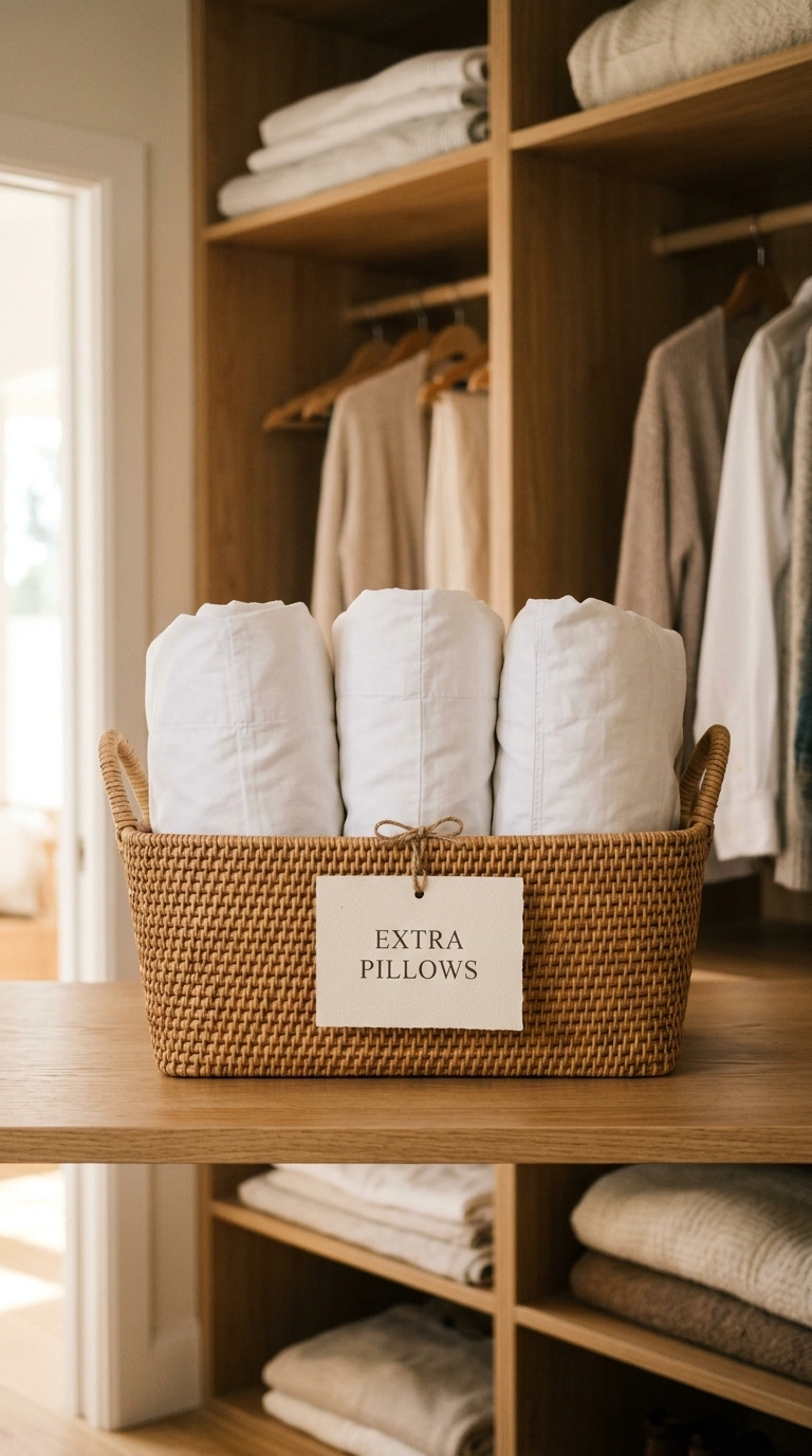 007 Extra Pillow Menu An open closet shelf styled with