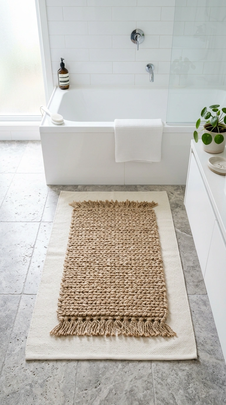 19 Elegant Guest Bathroom Decor Ideas You'll Want to Copy 8 007 Layered Bath Mats A bathroom floor shot showing a