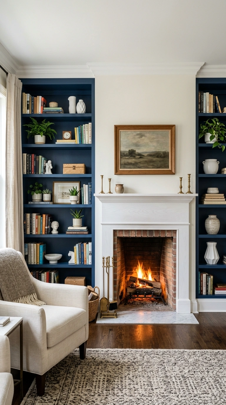 007 Navy Built In Shelves Built in navy blue bookshelv