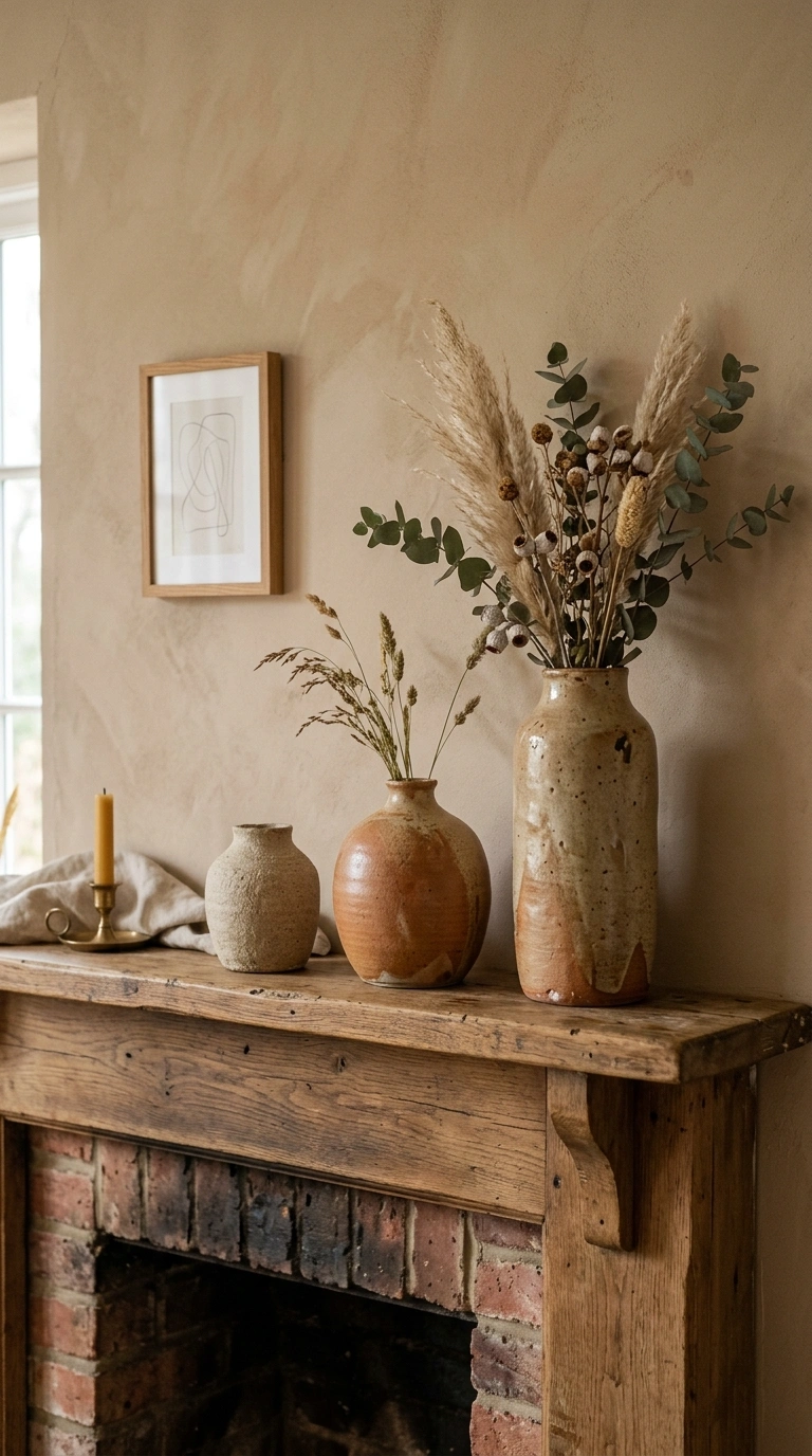 Neutral but Not Boring: California Coastal Interior Design 8 007 Organic Ceramic Pieces A mantel styled with three