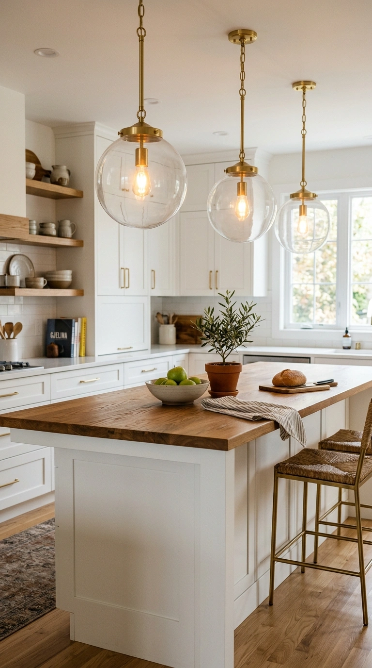 007 Pendant Lights Island A white kitchen island benea