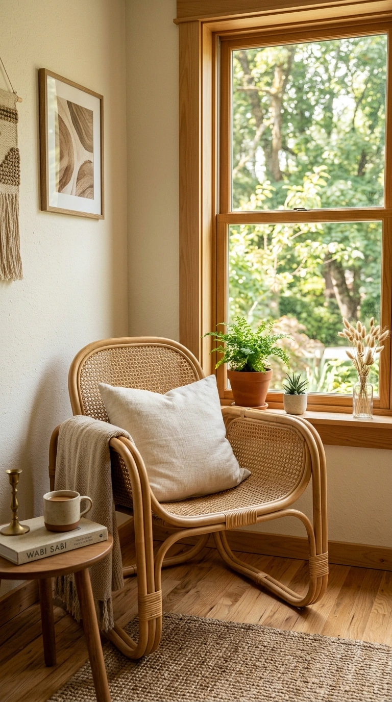 007 Rattan Accent Chair A living room corner with a ra