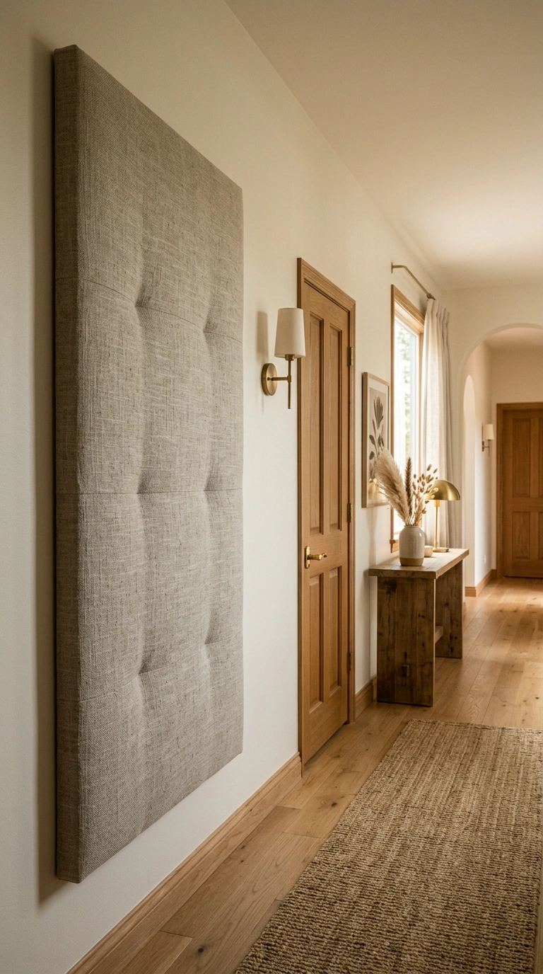 007 Textured Fabric Panel A hallway with a large uphol