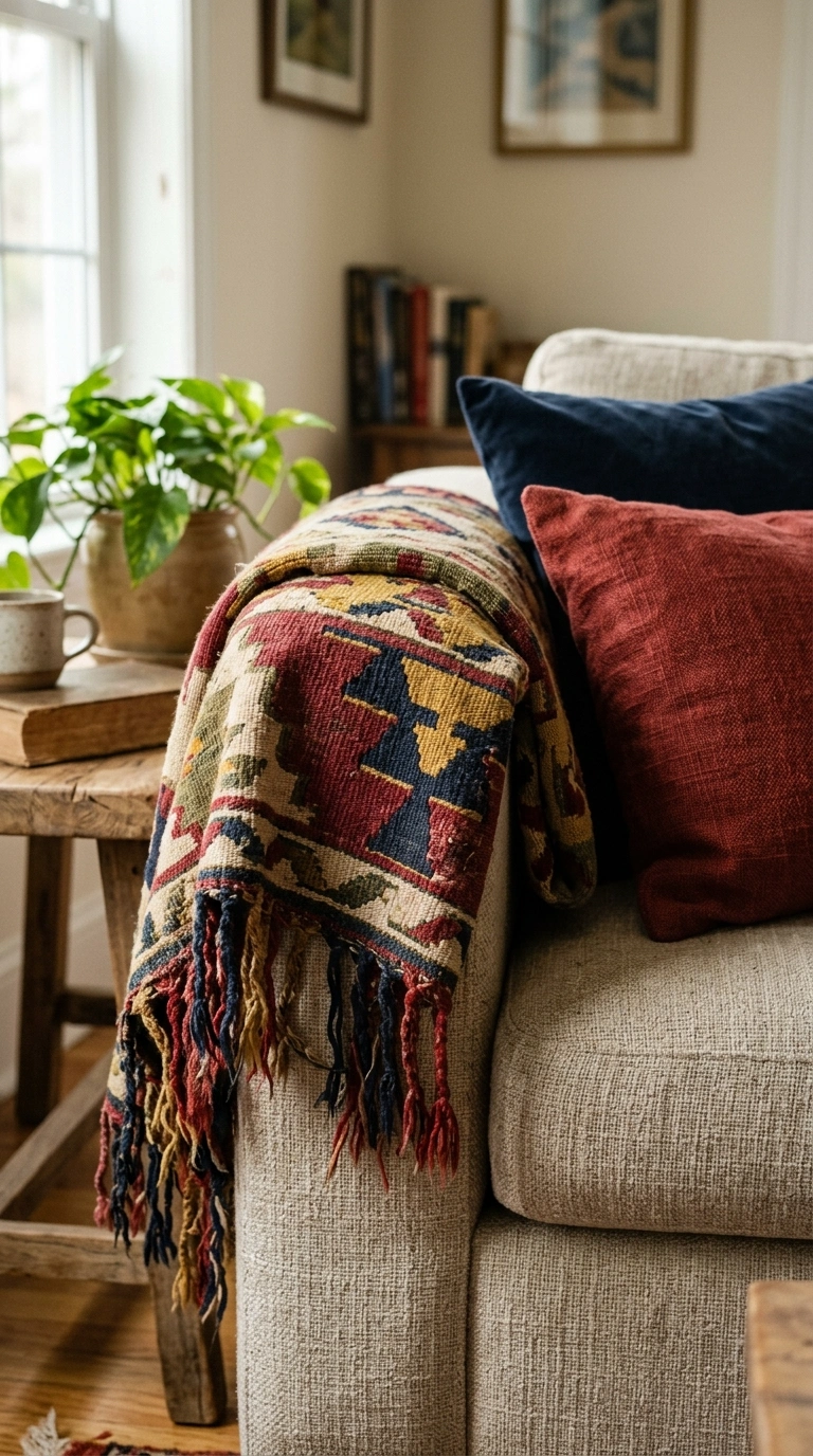 007 Vintage Kilim Throw A sofa arm draped with a faded
