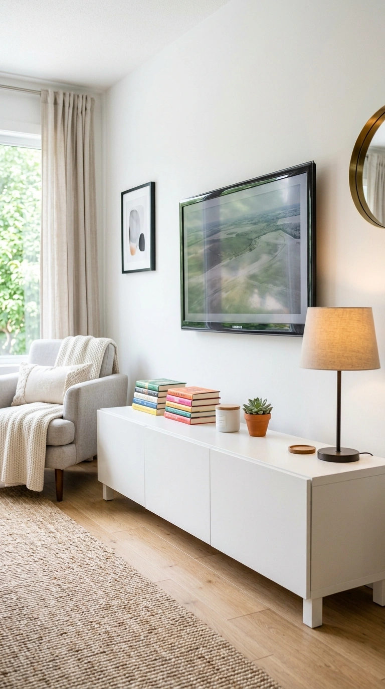 007 White Console With Books A bright living room with