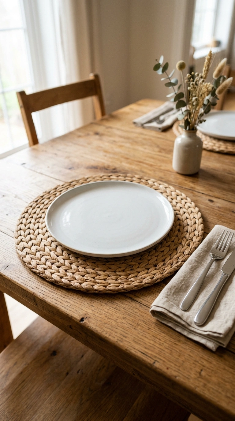 17 Dining Table Decor Ideas to Create a Beautiful Tablescape 8 007 Woven Placemats A close up shot of a round woven r