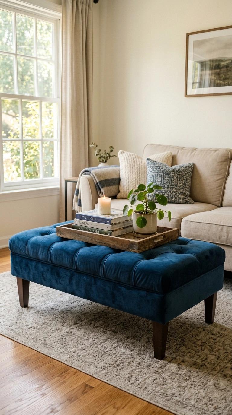 23 Blue and Beige Living Room Ideas That Make This Classic Pairing Work 9 008 8 Blue Ottoman Bench A blue velvet upholstered ott
