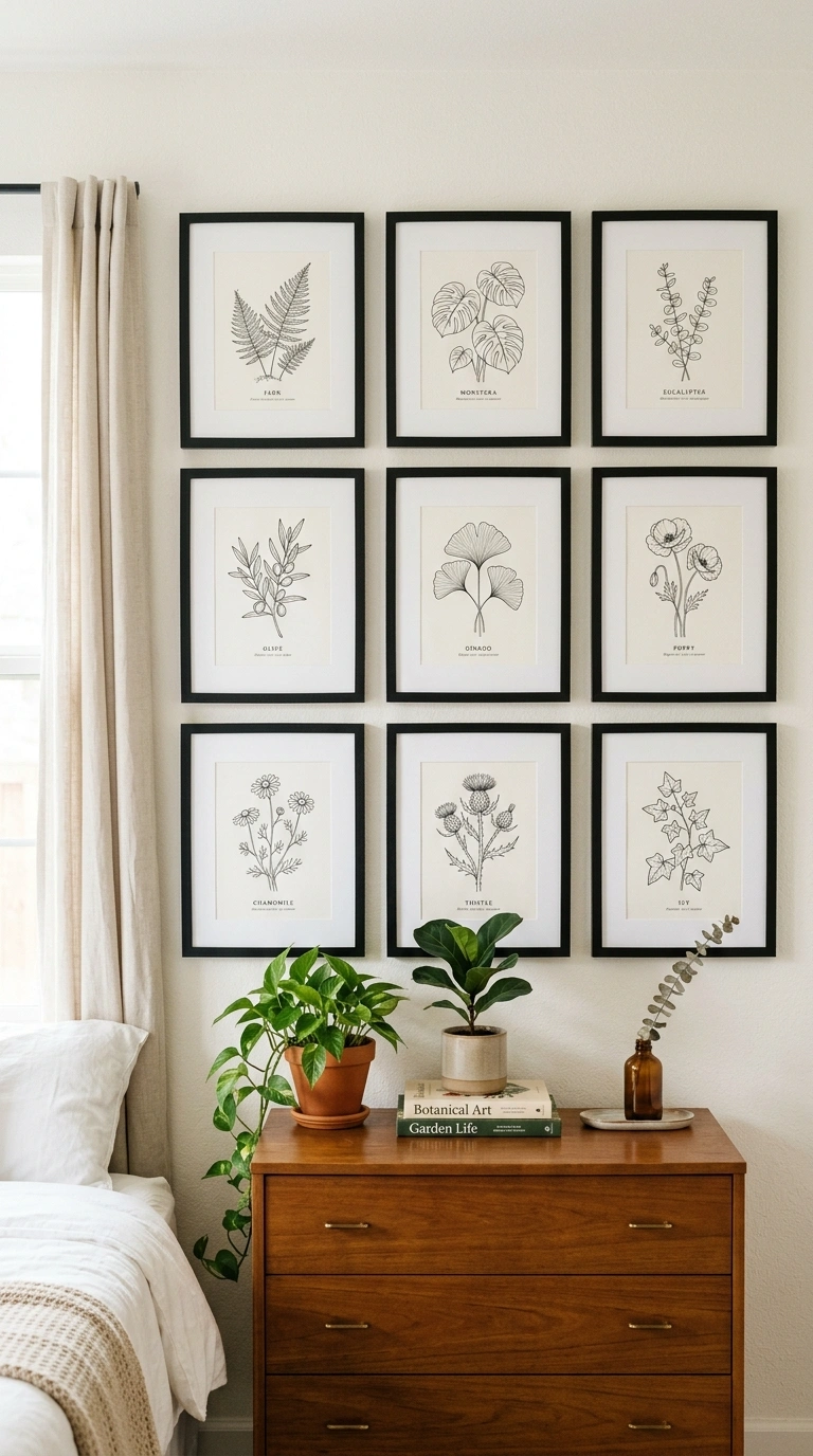 008 8 Botanical Print Accents A bedroom wall above a d