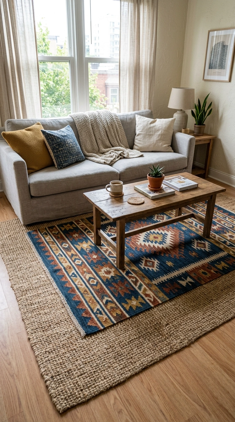 008 8 Layered Area Rug A patterned wool rug layered on