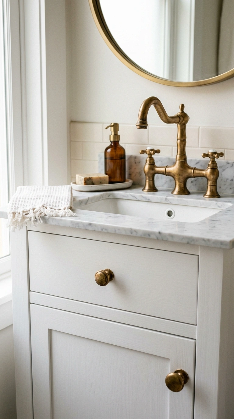 19 Elegant Guest Bathroom Decor Ideas You'll Want to Copy 9 008 Brass Hardware Swap A close up shot of a warm bras