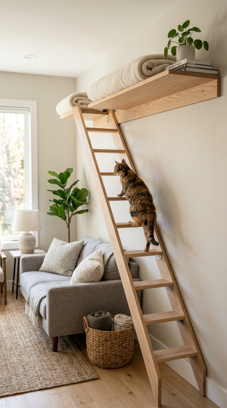 008 Cat Ladder On Wall A light wood ladder mounted on