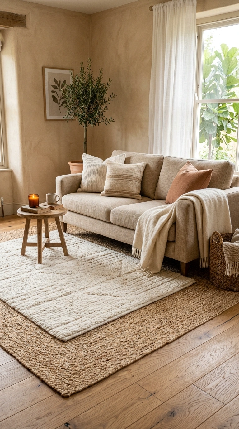 Neutral but Not Boring: California Coastal Interior Design 9 008 Layered Jute Rugs A seating area with a natural ju