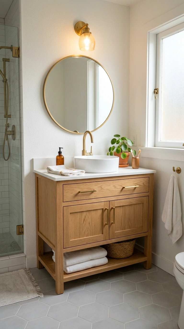008 Light Wood Vanity A small bathroom with a light oa