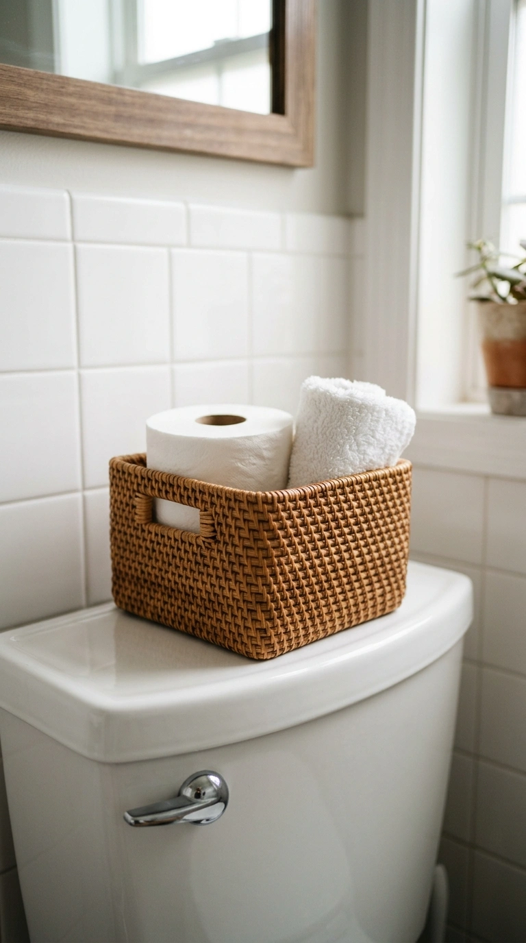 21 Toilet Tank Decor Ideas for a Prettier Bathroom 9 008 Small Woven Basket A small rattan basket holding r