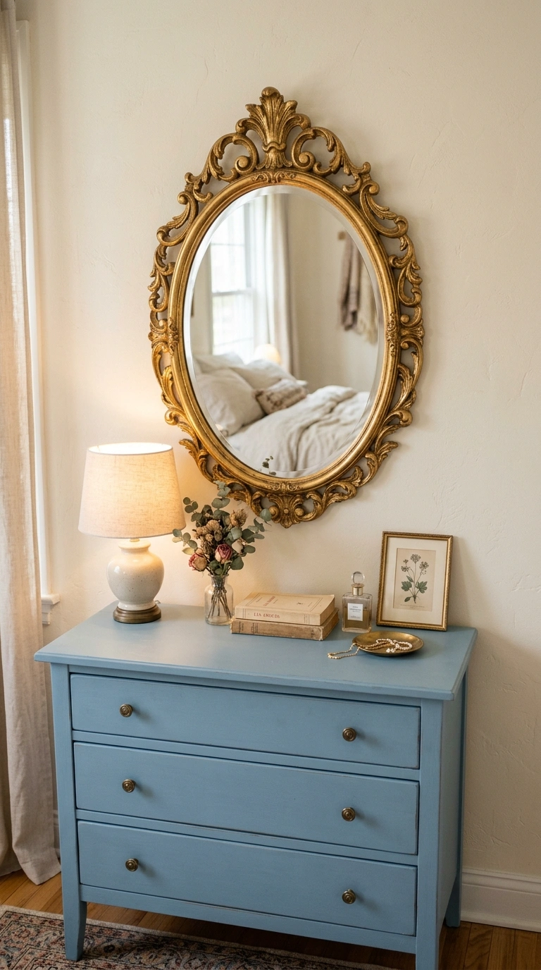 008 Vintage Gilt Mirror A bedroom dresser featuring an