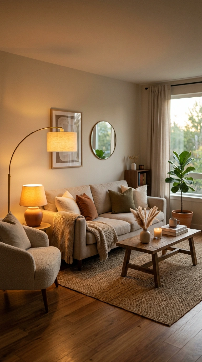 008 Warm Ambient Lighting A cozy living room lit by a