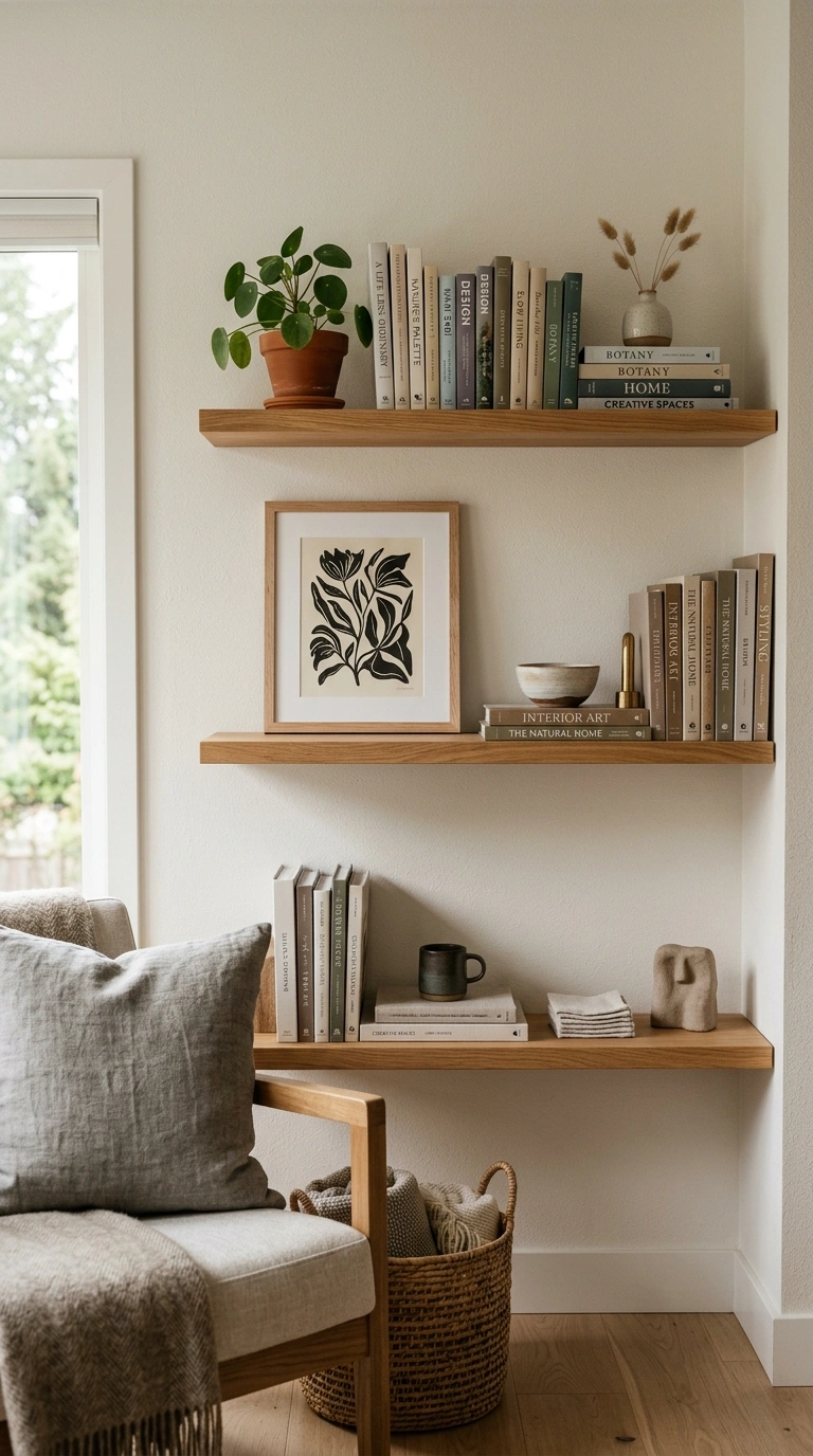 008 Warm Wood Shelving A living room wall with open wo