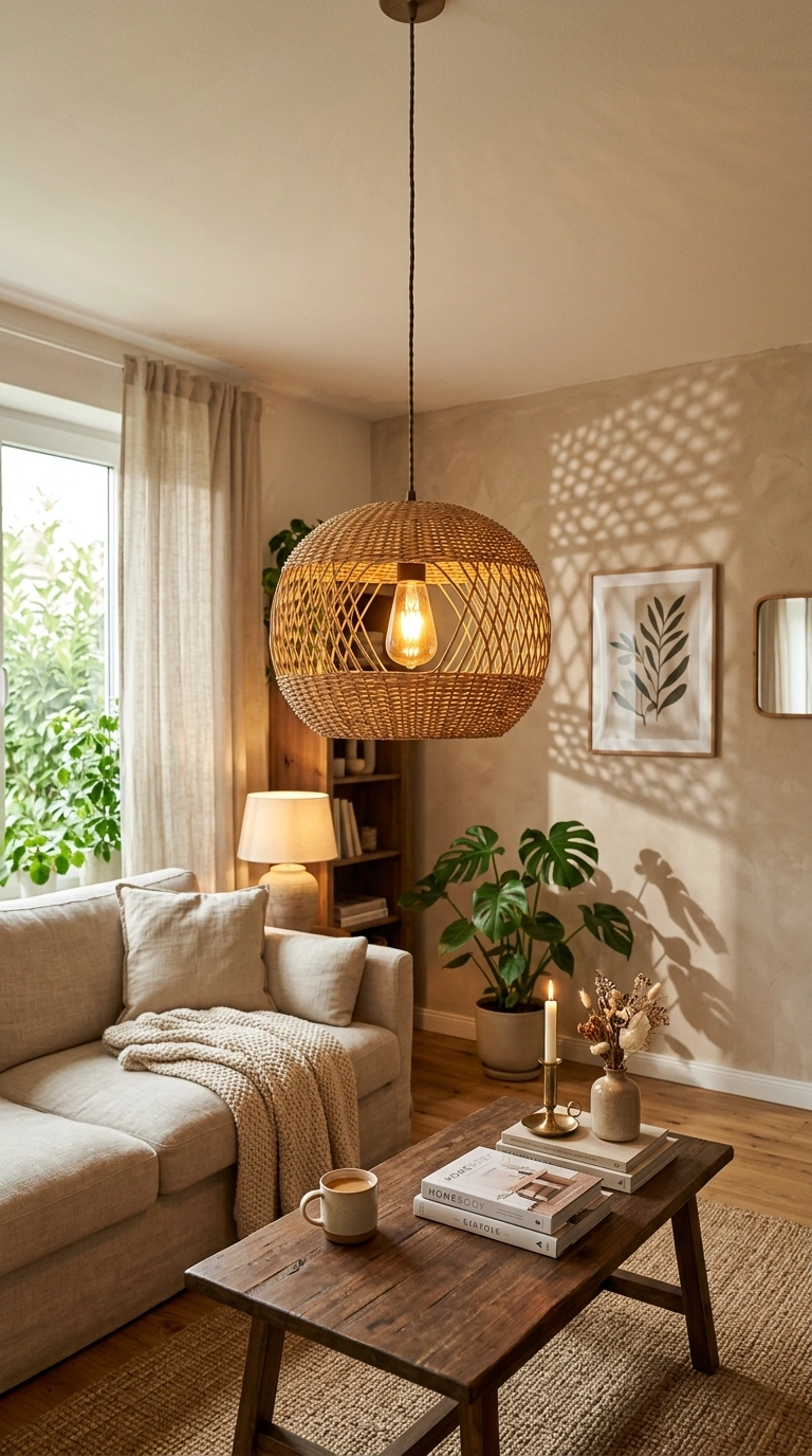 008 Woven Pendant Light A living room ceiling with a w