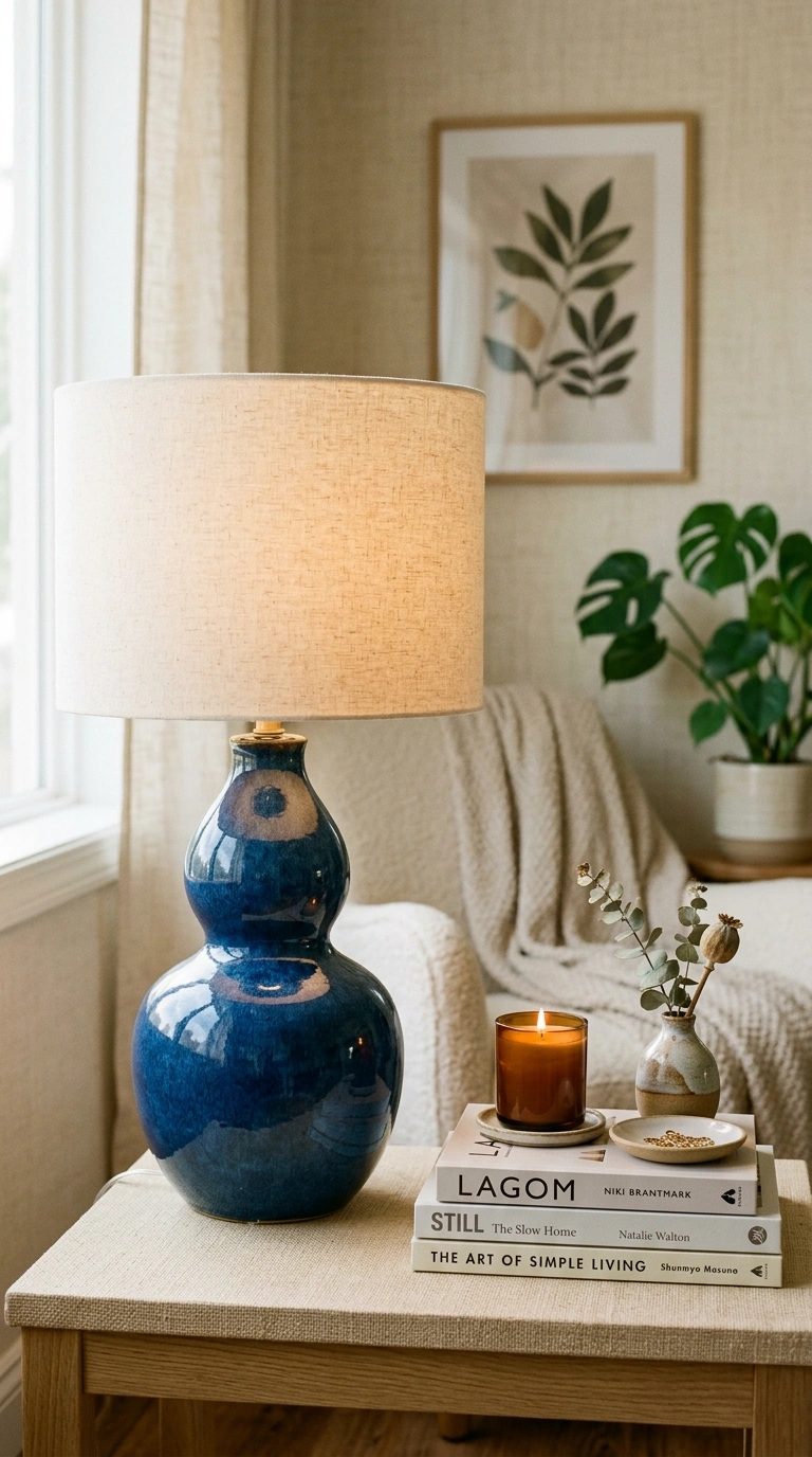 23 Blue and Beige Living Room Ideas That Make This Classic Pairing Work 10 009 9 Blue Ceramic Table Lamp A beige side table style