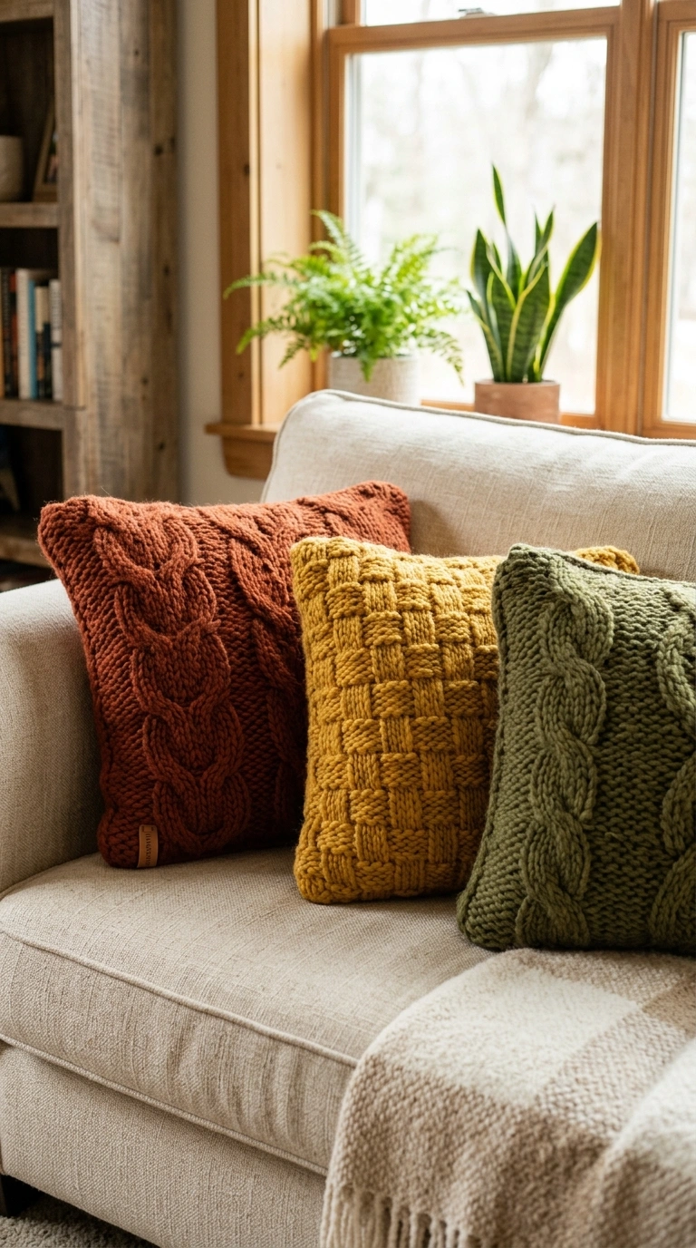 15+ Charming Fall Decor Ideas to Make Your Home Feel Cozy 10 009 9 Knit Pillow Swap A sofa styled with a set of chu