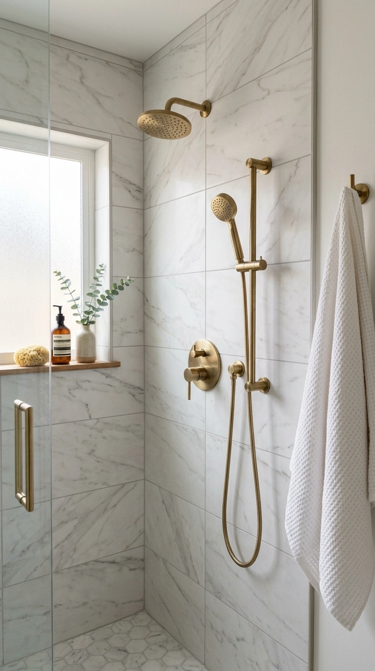 009 9 Marble Look Tile A small bathroom shower wall co