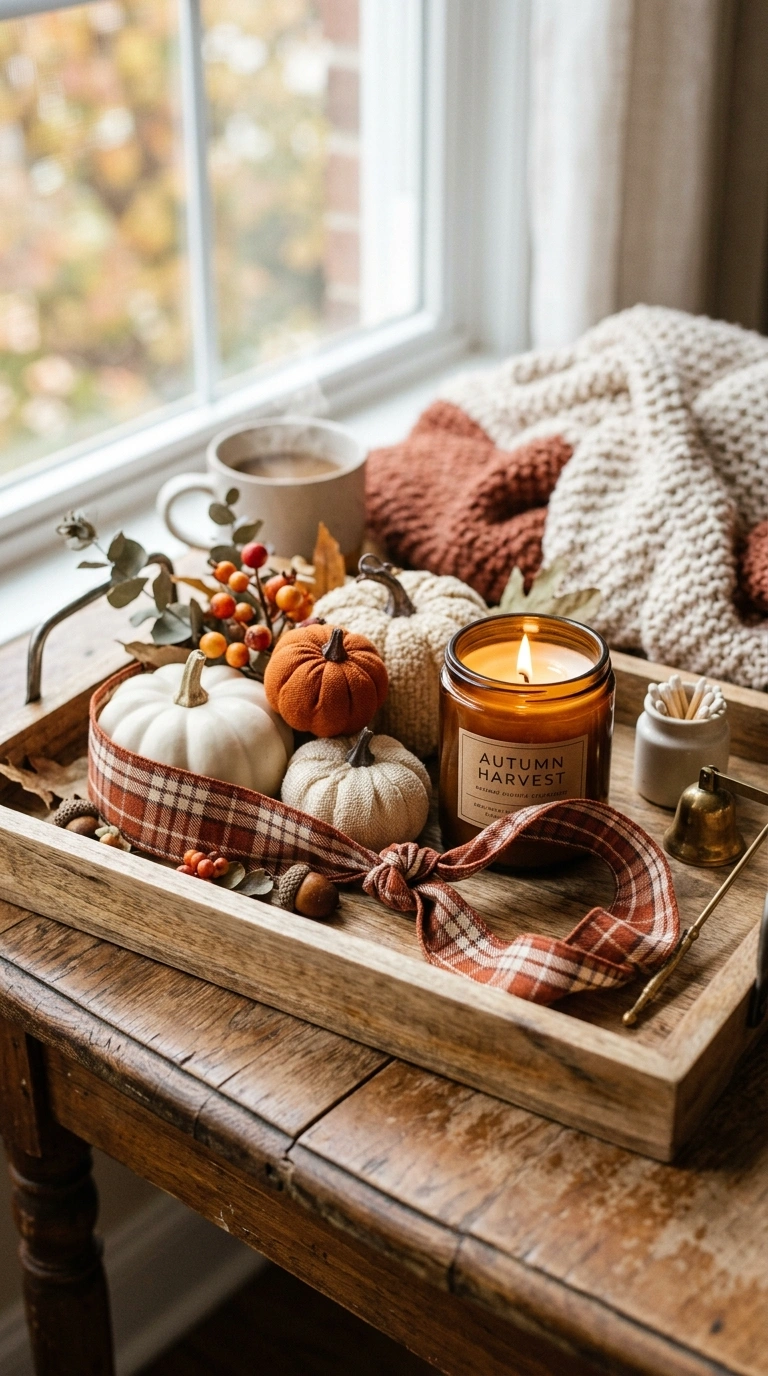 009 9 Plaid Ribbon Wrap A tray styled with a rust and