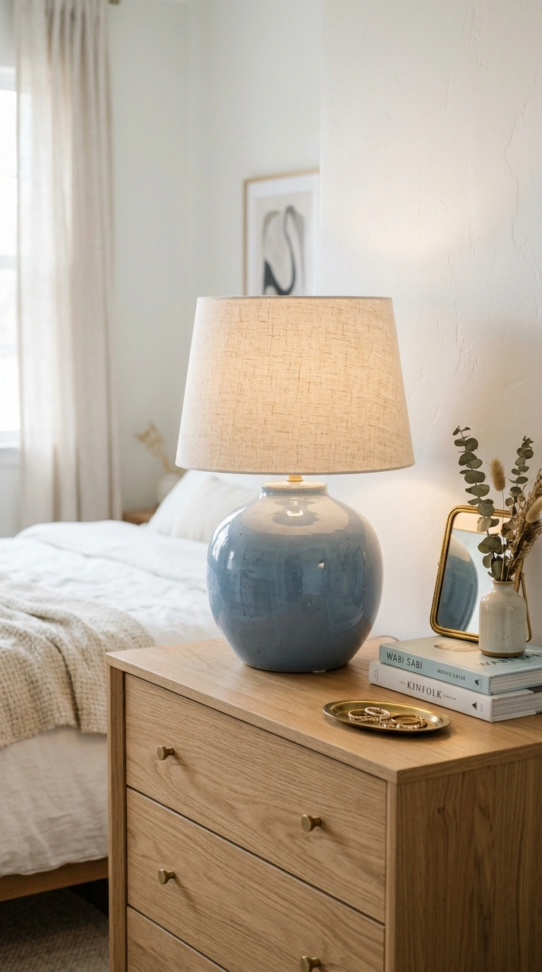 009 Blue Ceramic Lamps A bedroom dresser featuring a r