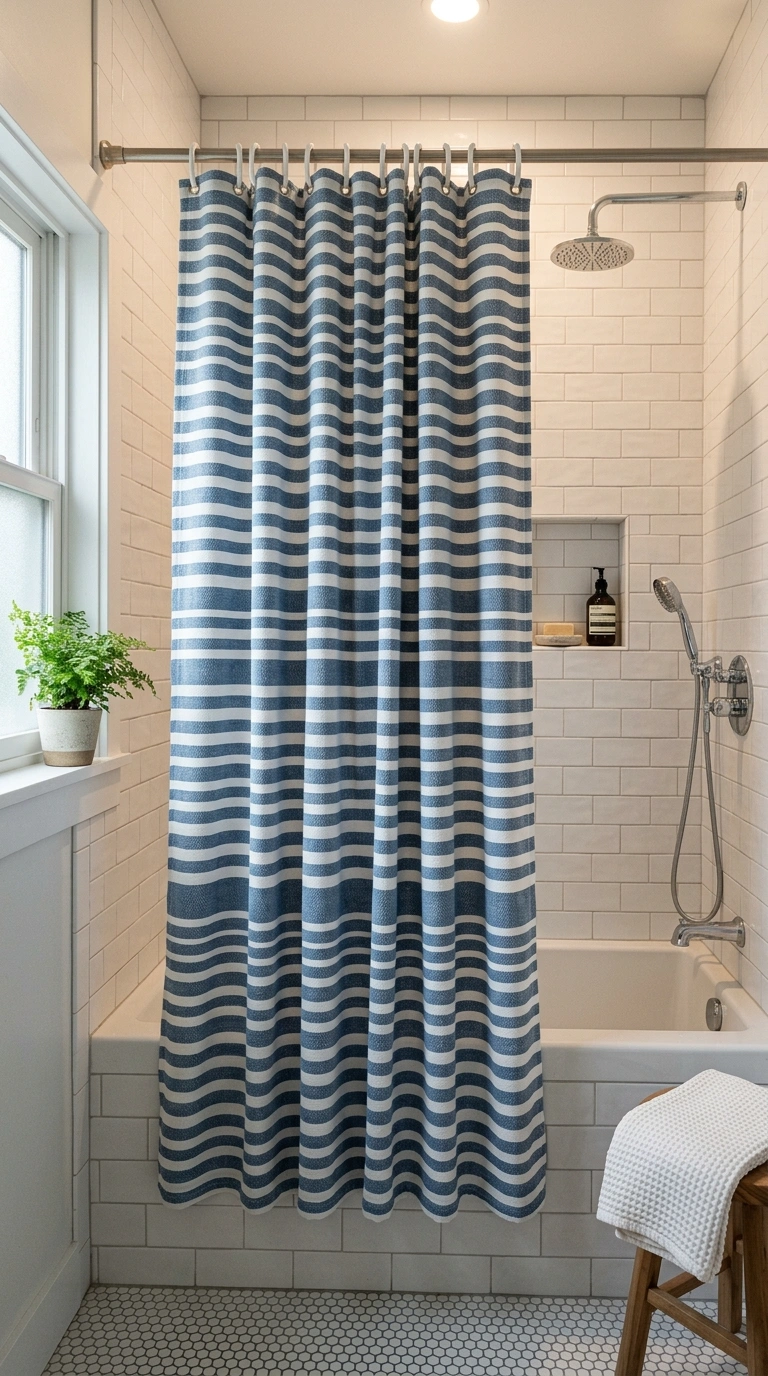009 Blue Striped Shower Curtain A bathroom shower feat
