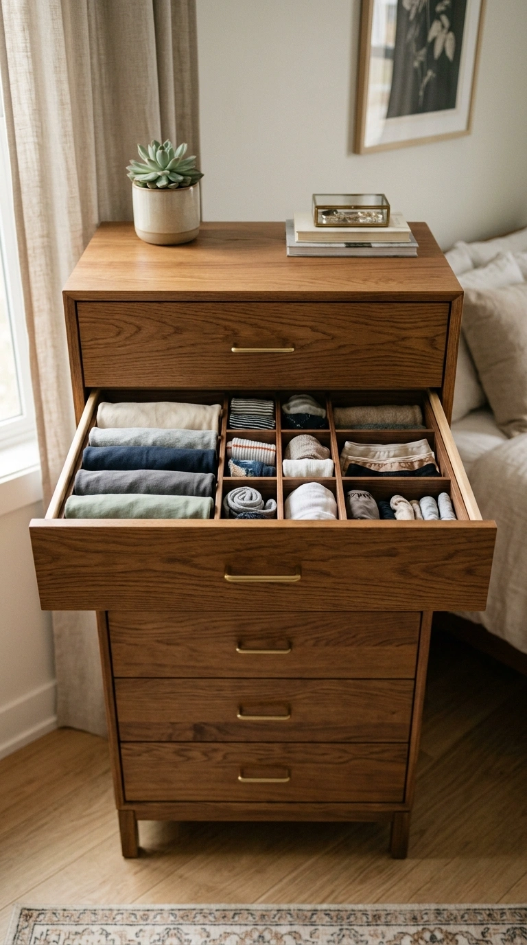 009 Divided Dresser Drawers A tall narrow dresser with