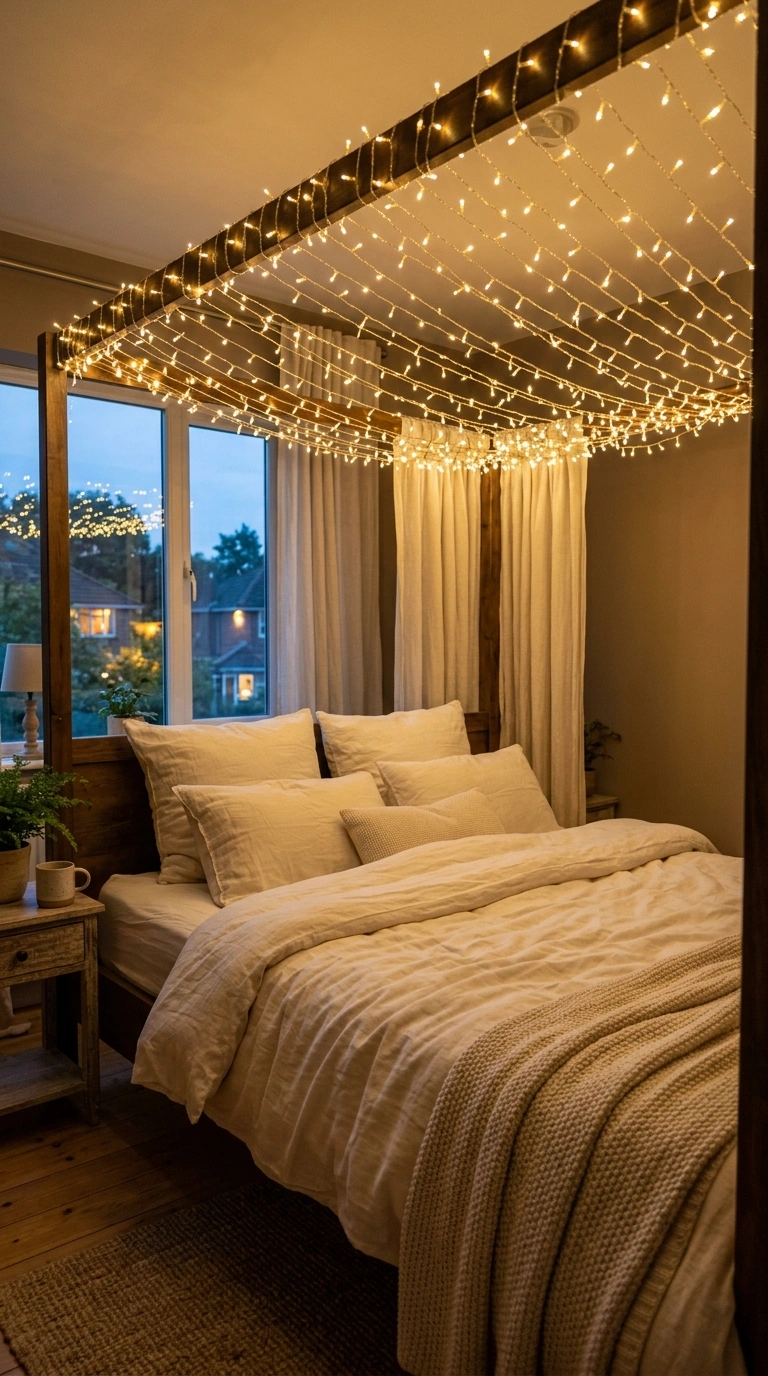 009 Fairy Light Canopy A bed with warm white fairy lig
