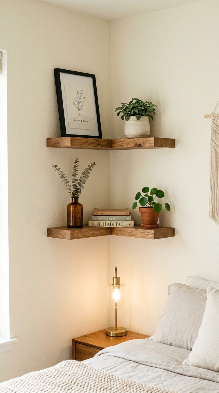 009 Floating Corner Shelves A bedroom corner featuring
