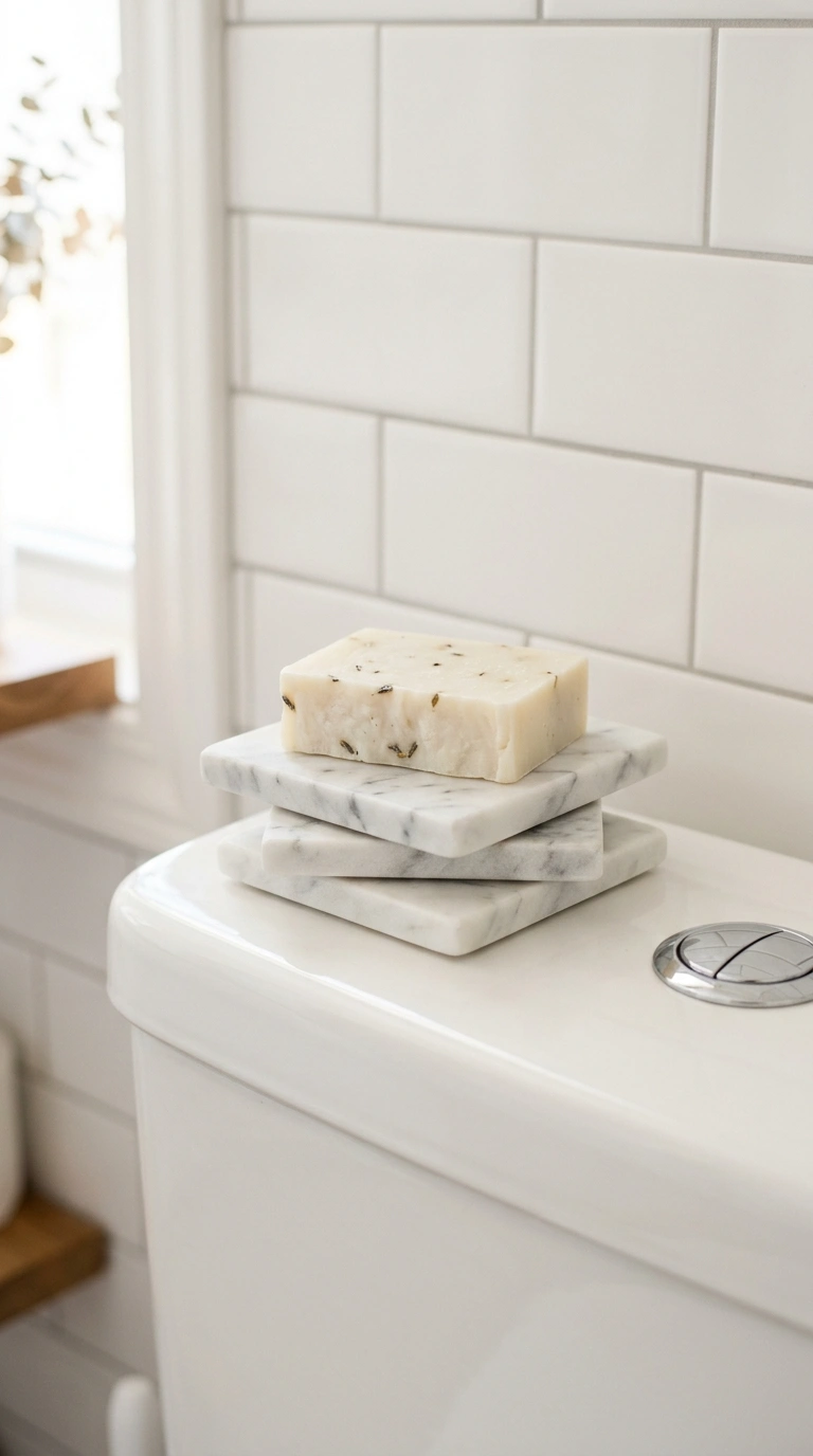 21 Toilet Tank Decor Ideas for a Prettier Bathroom 10 009 Marble Coaster Set A small stack of three white ma