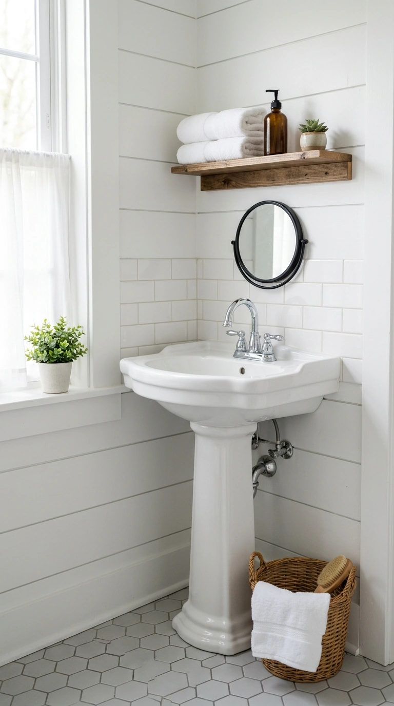 009 Pedestal Sink Corner A white pedestal sink tucked