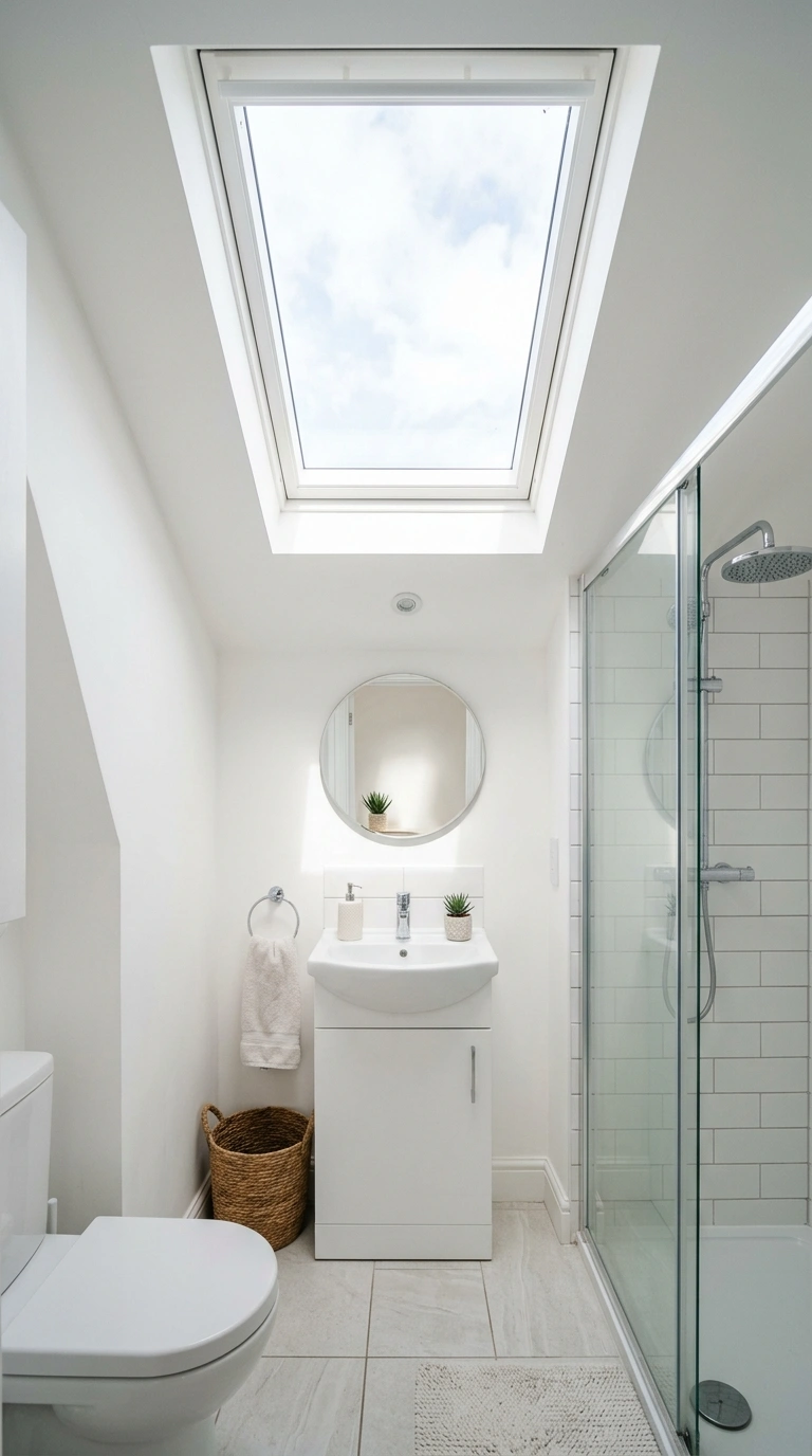 009 Skylight Window A small white bathroom with a skyl