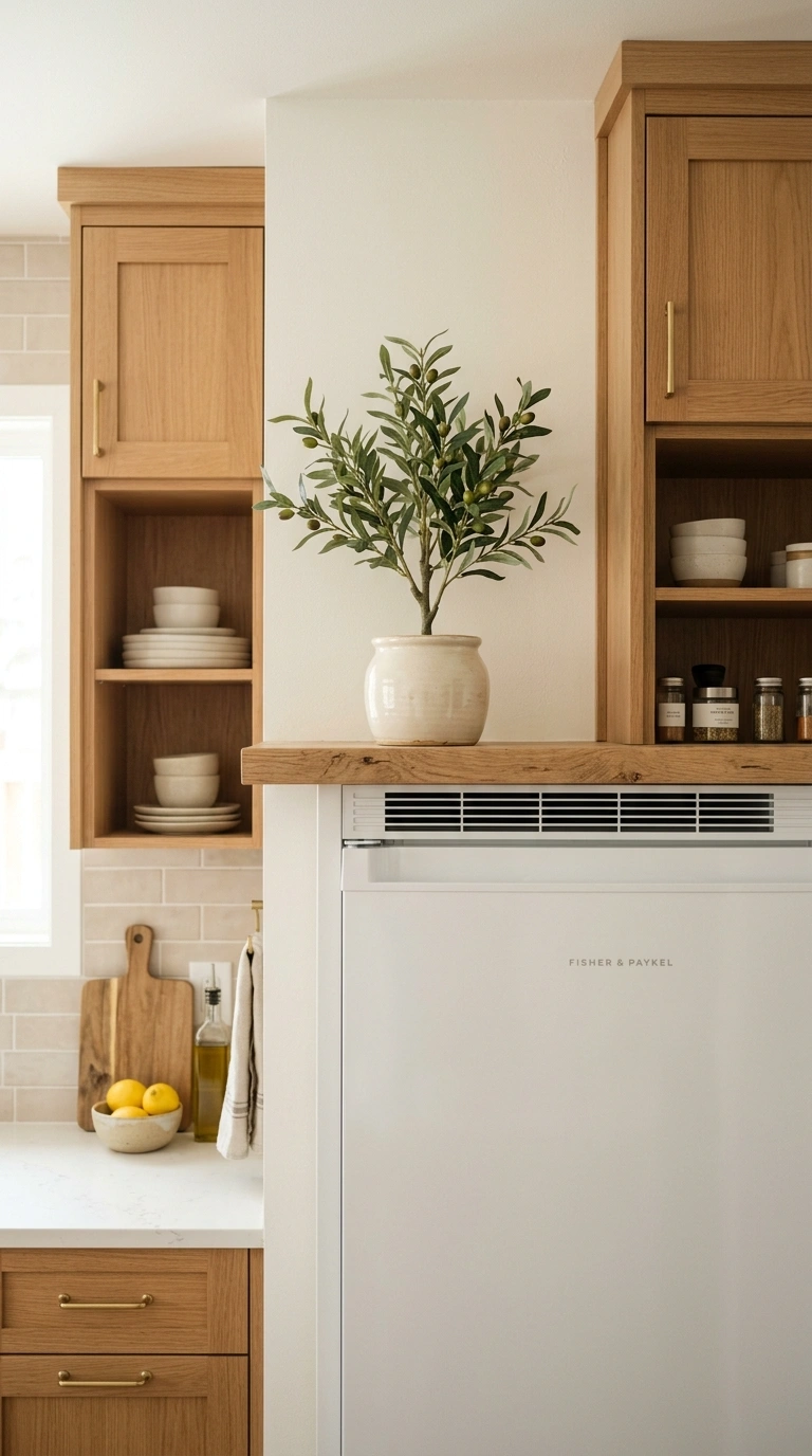 009 Small Faux Plant A bright neutral kitchen with a r