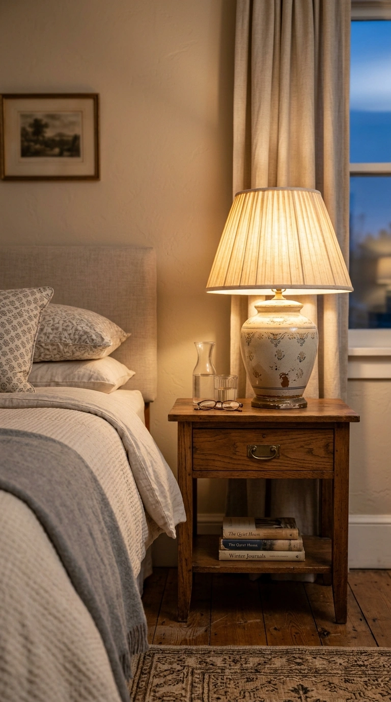 009 Vintage Nightstand Lamp A wooden nightstand beside