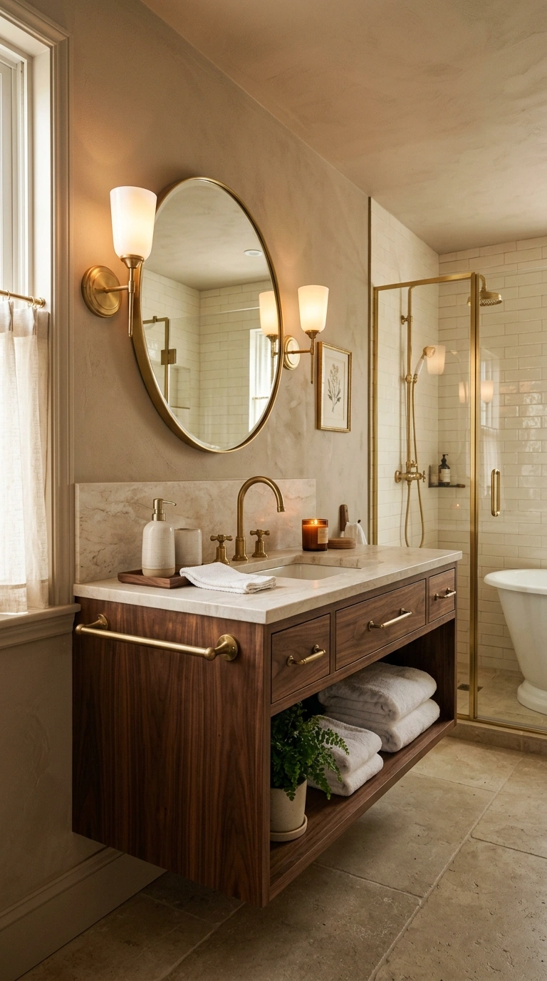 19 Best Bathroom Color Schemes for Every Style 10 009 Warm Taupe And Brass A bathroom with warm taupe wa