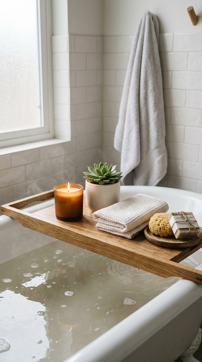 009 Wooden Tray Styling A bathtub edge featuring a war