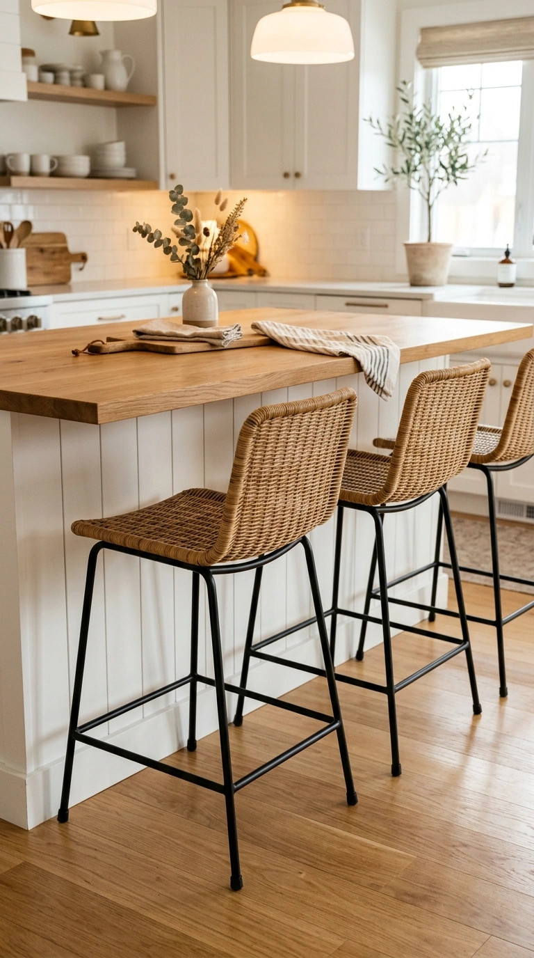 009 Woven Bar Stools A white kitchen island with three